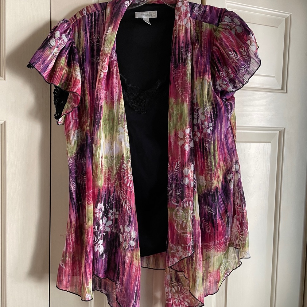 Dressbarn built-in black top with sheer floral Cardigan